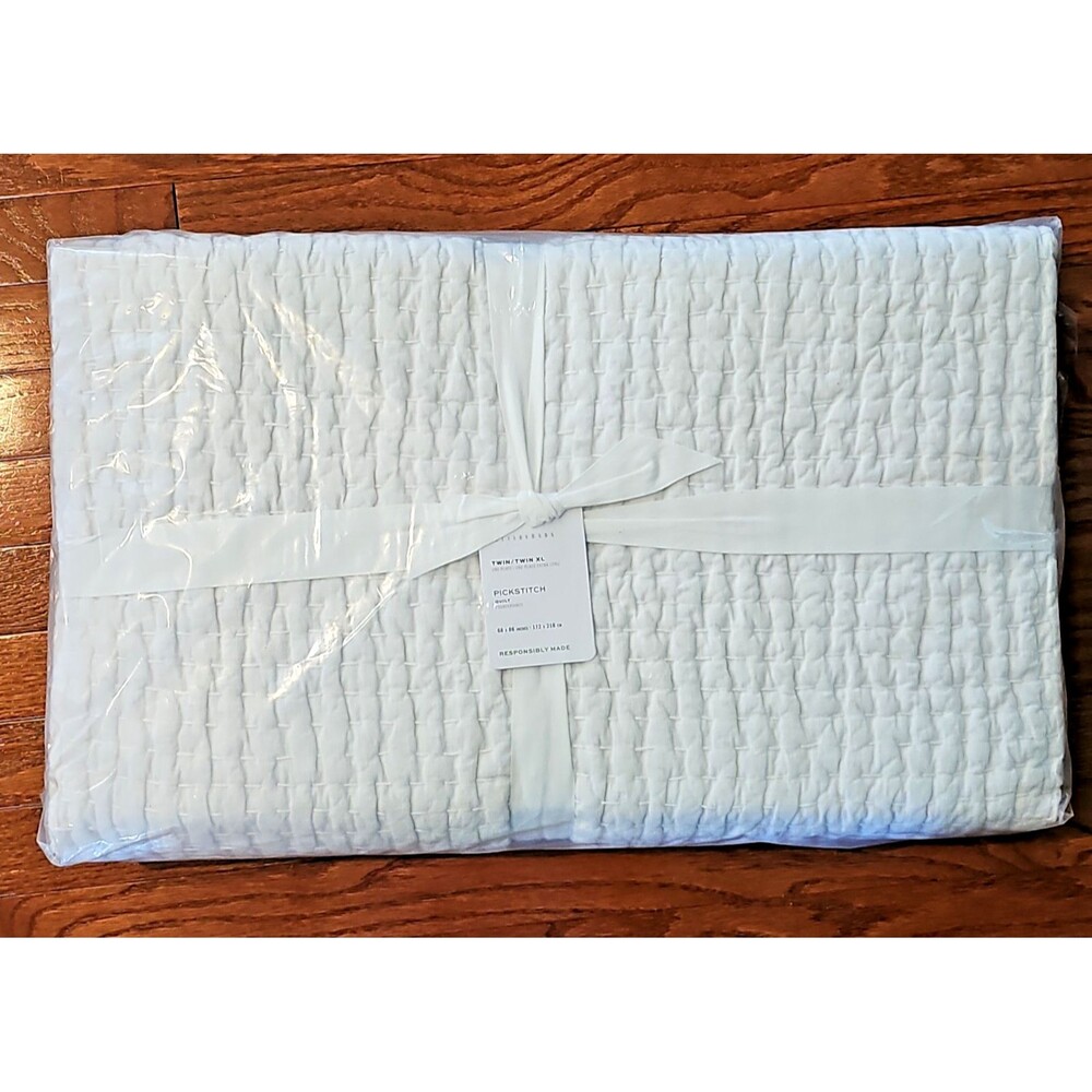 Pottery Barn Pick Stitch Handcrafted Cotton Linen Quilt Twin Twin XL Soft White